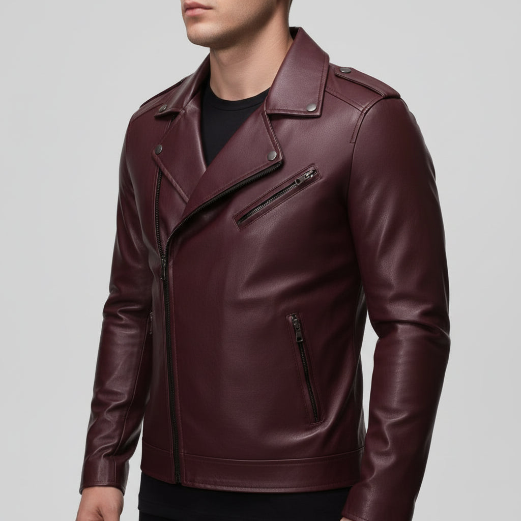 Handmade Mens Maroon Biker Leather Jacket Jacket, Maroon Leather Jacket for Men