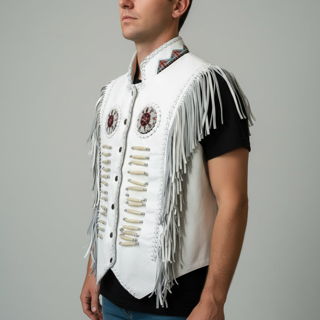 Handmade Men’s White Suede Western Leather Fringe Vest