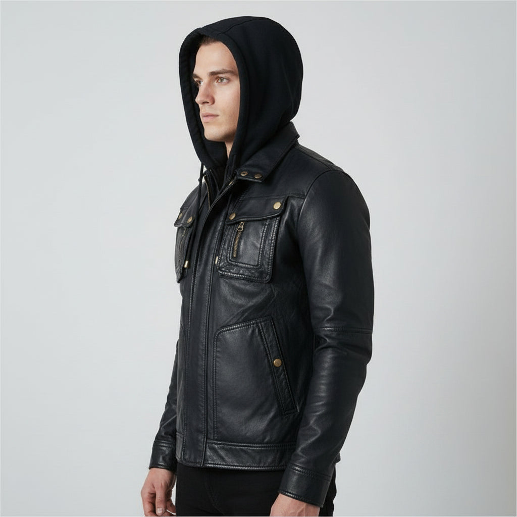 Handmade Biker Motorcycle Winter Hooded Leather Jacket, Men Hooded Jacket
