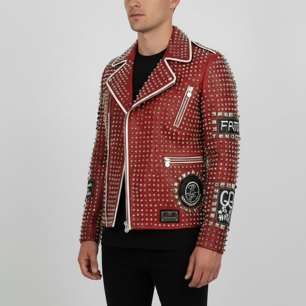 Men's Handmade Multicolor Diamond Studded Brando Retro Motorcycle Rock Punk Jacket