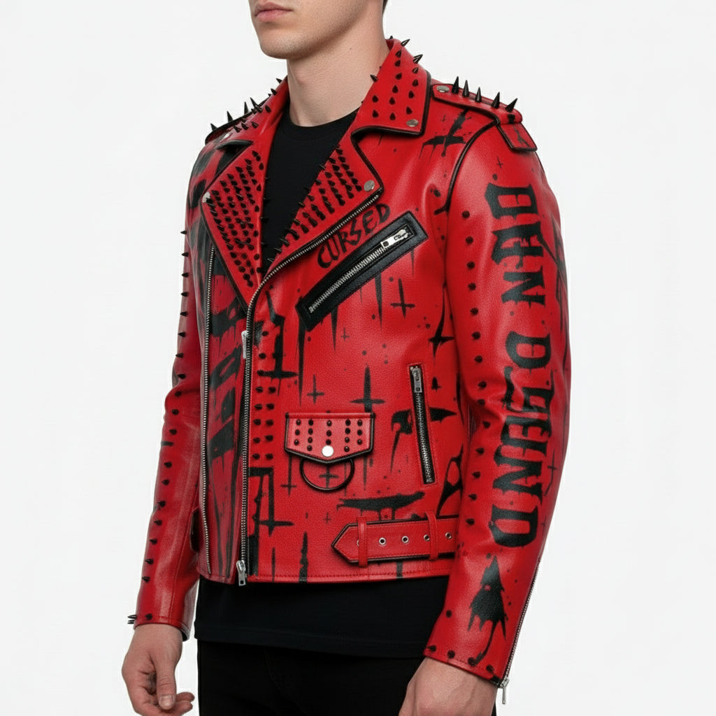 Handmade Red Sinner Leather Jacket, Men Punk Style Fashion Jacket