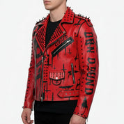 Handmade Red Sinner Leather Jacket, Men Punk Style Fashion Jacket