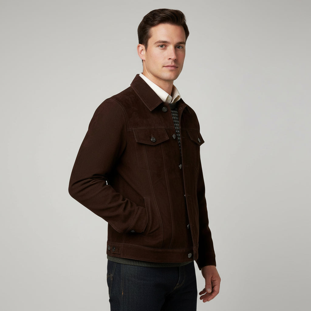 Men's Handmade Brown Suede Trucker Jacket with Classic Shirt Collar