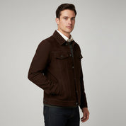 Men's Handmade Brown Suede Trucker Jacket with Classic Shirt Collar