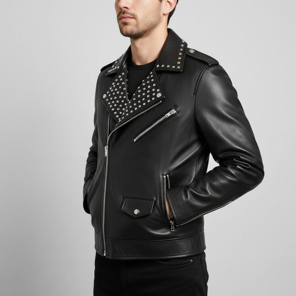 Handmade Fashion Leather Silver Studded Real Soft Leather Biker Style Jacket for Men