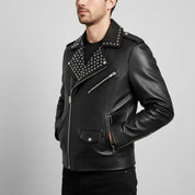 Handmade Fashion Leather Silver Studded Real Soft Leather Biker Style Jacket for Men
