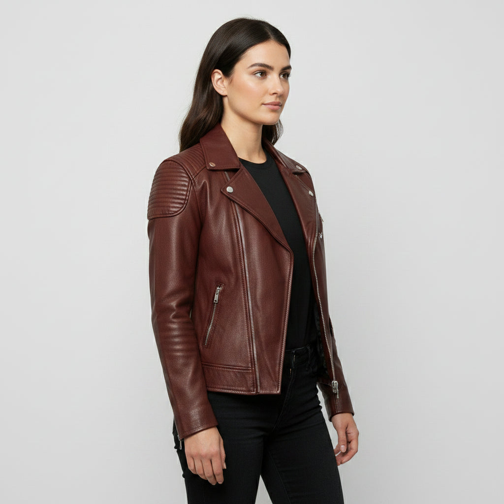 Women's Handmade Biker Maroon Leather Jacket with Zipper Closure