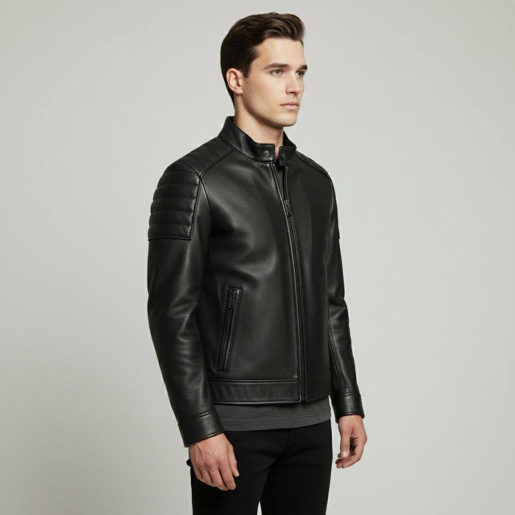 Handmade Men Black Sheep Leather Jacket, Stand Collar Motorcycle Jacket