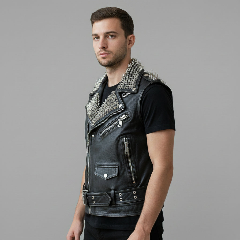 Handmade Men Rock Punk Style Belted Leather Vest, Biker Studded Jacket