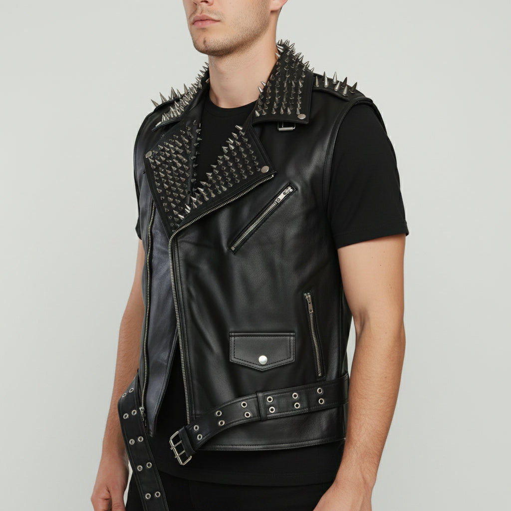 Handmade Men's Leather Vest  Jacket with Studs, Motorcycle vest for men