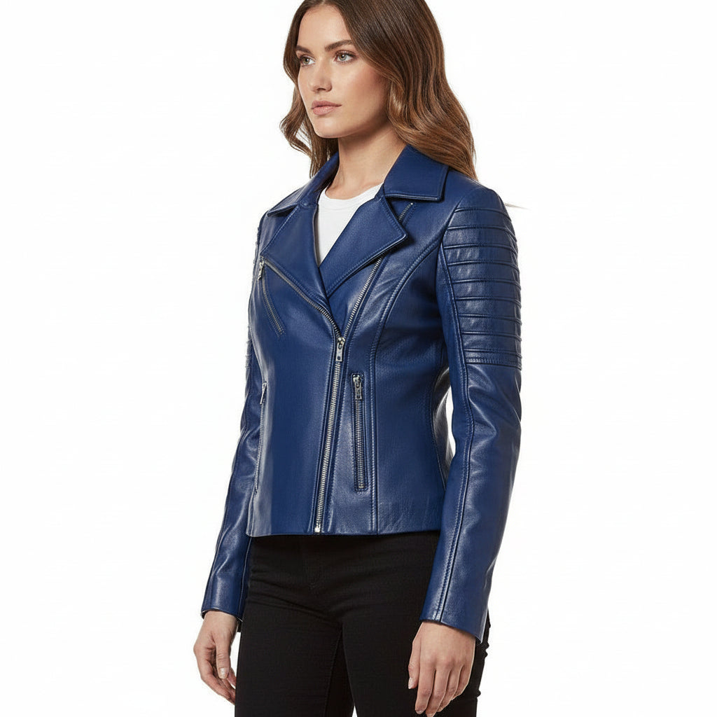 Handmade Women Blue Biker Leather Jacket, Women Leather Jacket, Motorcycle Jacket