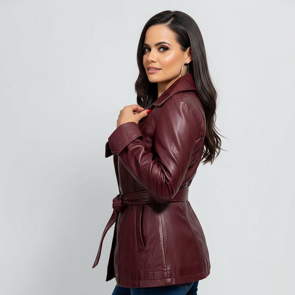 Women's Gothic Ox Blood Dyed Leather Jacket, Women's Stylish Leather Trench Coat