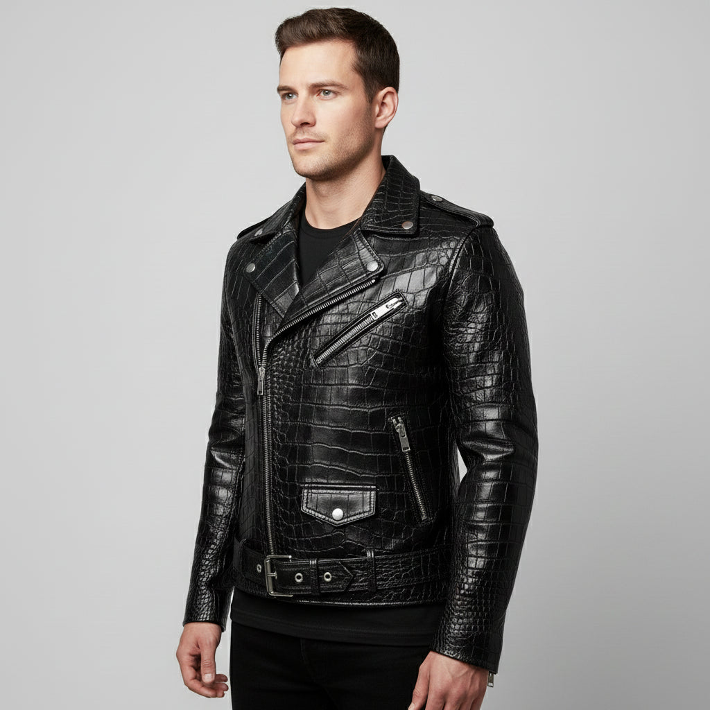 Handmade Men Black Crocodile Biker Leather Jacket,  Motorcycle Jacket