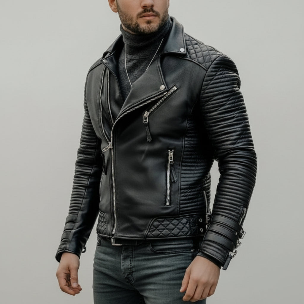 Handmade Men's Black Biker Leather Jacket, Genuine Leather Motorcycle Jacket
