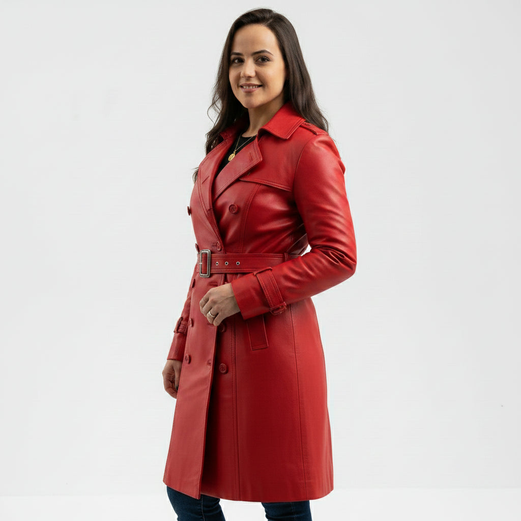 Luxurious Women's Long Fire Red Steampunk Jacket, Premium Lambskin Leather Trench Coat for Women