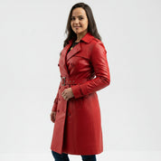Luxurious Women's Long Fire Red Steampunk Jacket, Premium Lambskin Leather Trench Coat for Women