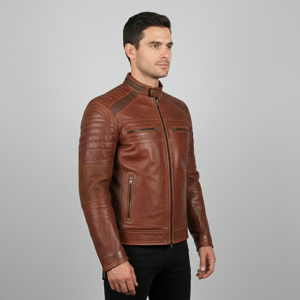 Men's Brown Distressed Leather Cafe Racer Jacket