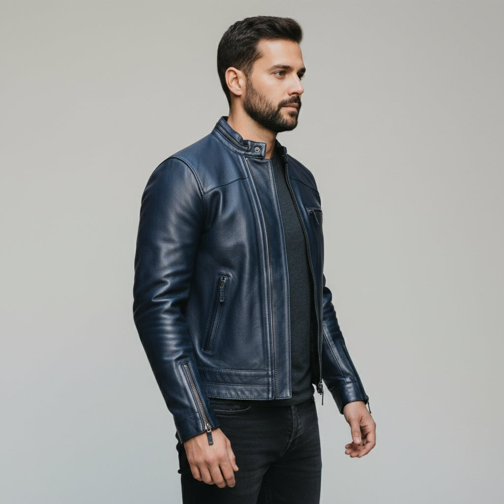 Handmade Men Navy Blue Biker Leather Jacket, Blue Motorcycle Jacket, Jacket for Men