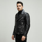 Handmade Men Black Multi Pocktes Biker Leather Jacket, Black Motorcycle Jacket