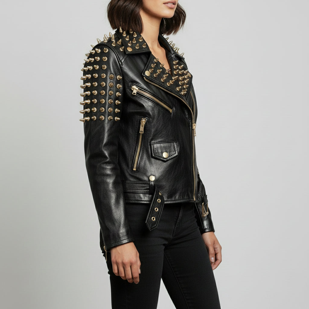 Women's Black Full Golden Spiked Studded Brando Leather Jacket