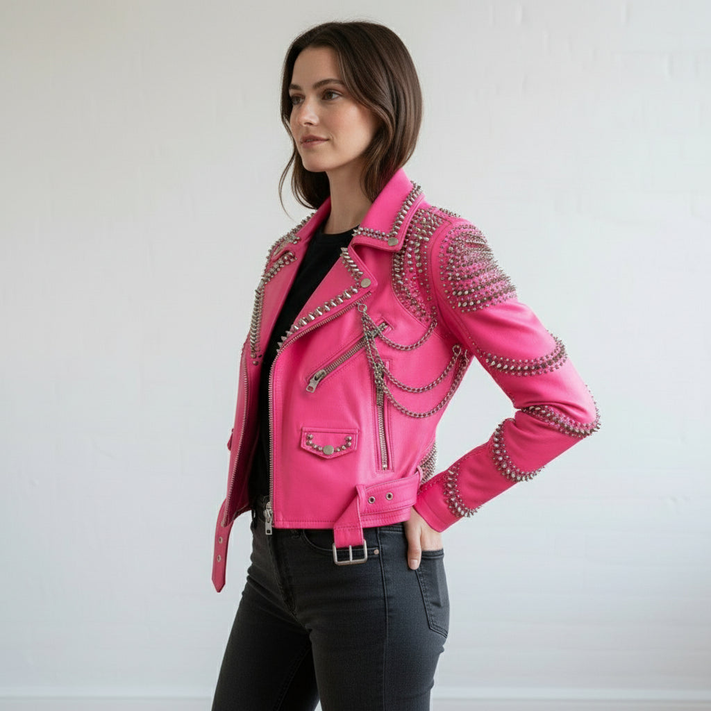 Handmade Women Pink Punk Style Jacket, Leather Gothic Rivet Rock Jacket