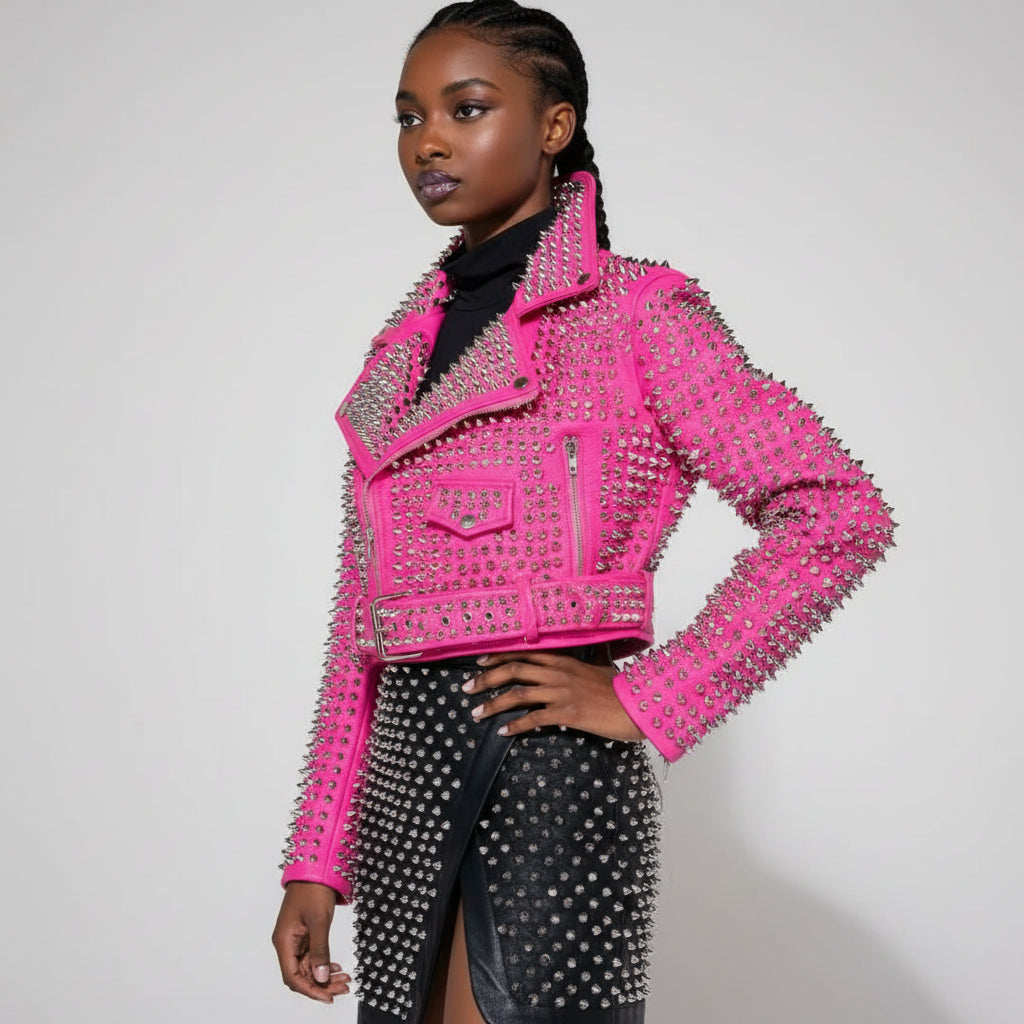 Women's Hot Pink Studded Full-Grain Leather Moto Jacket
