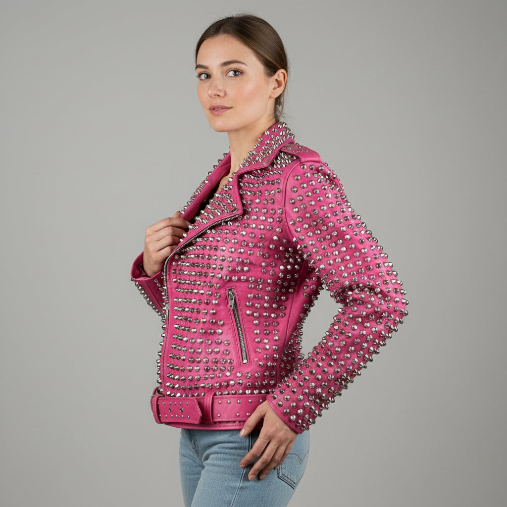 Women's Handmade Gothic Pink Studded Leather Jacket