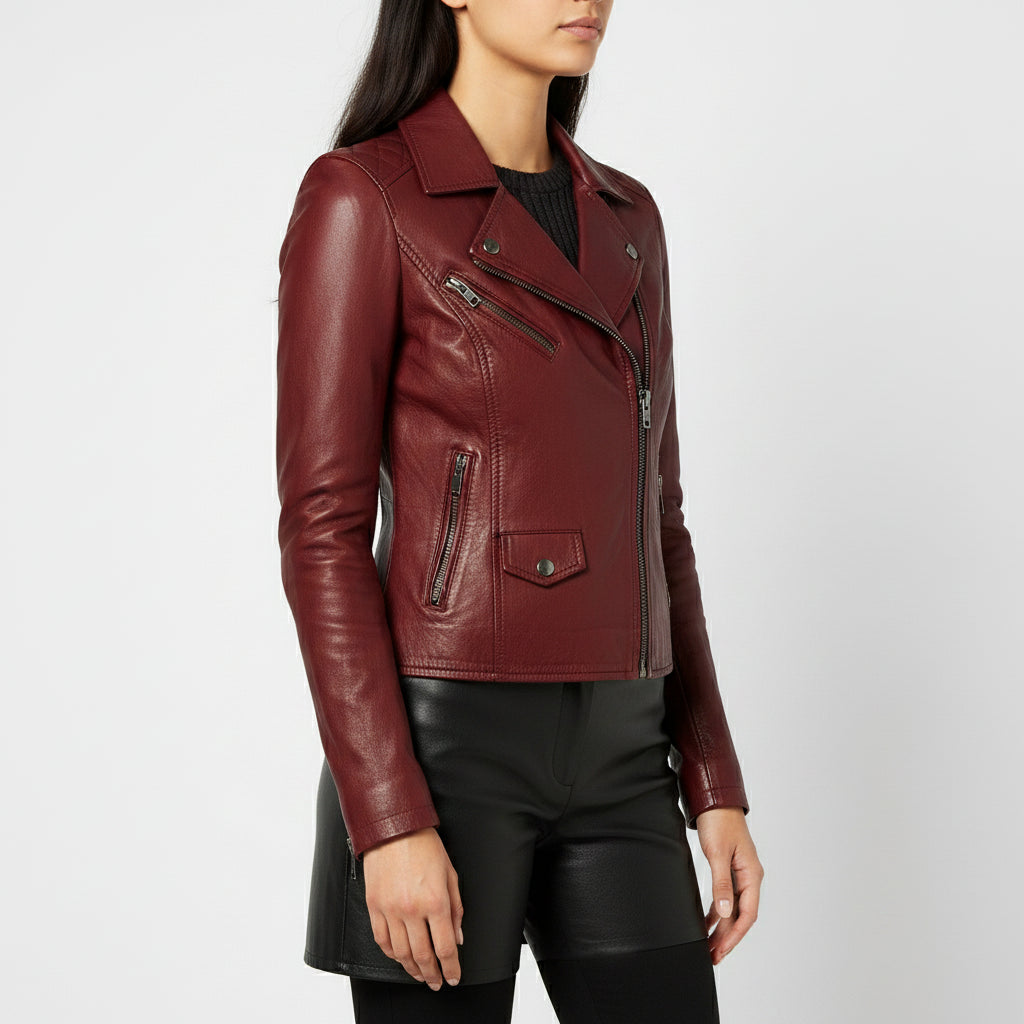 Women's Maroon Front Zip Biker Leather Jacket