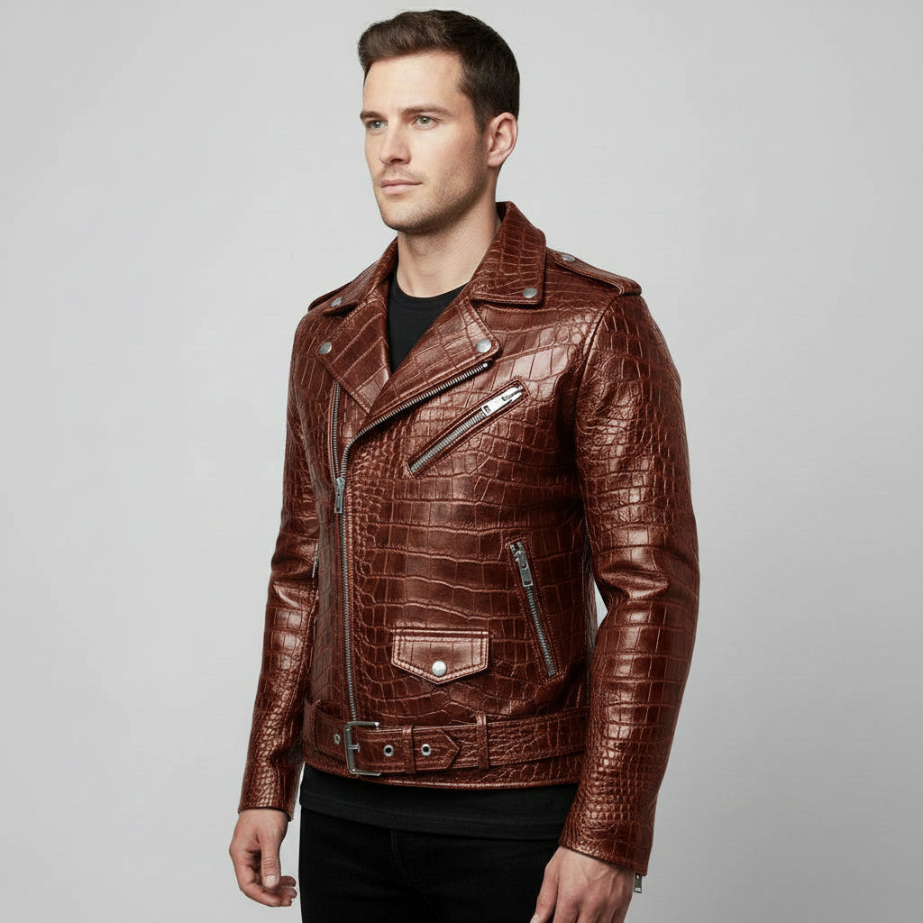 Men's Cognac Crocodile Embossed Biker Leather Jacket