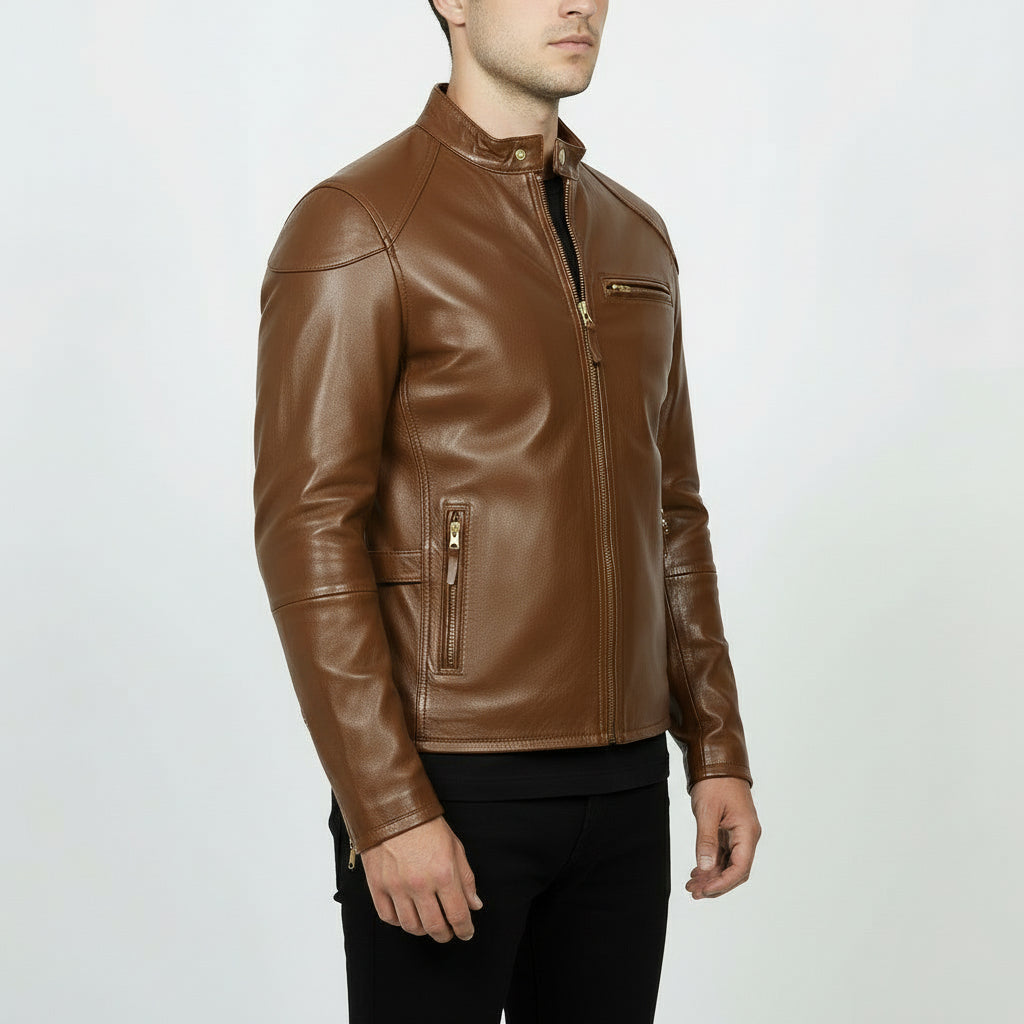 Men's Brown Slim Fit Leather Biker Jacket