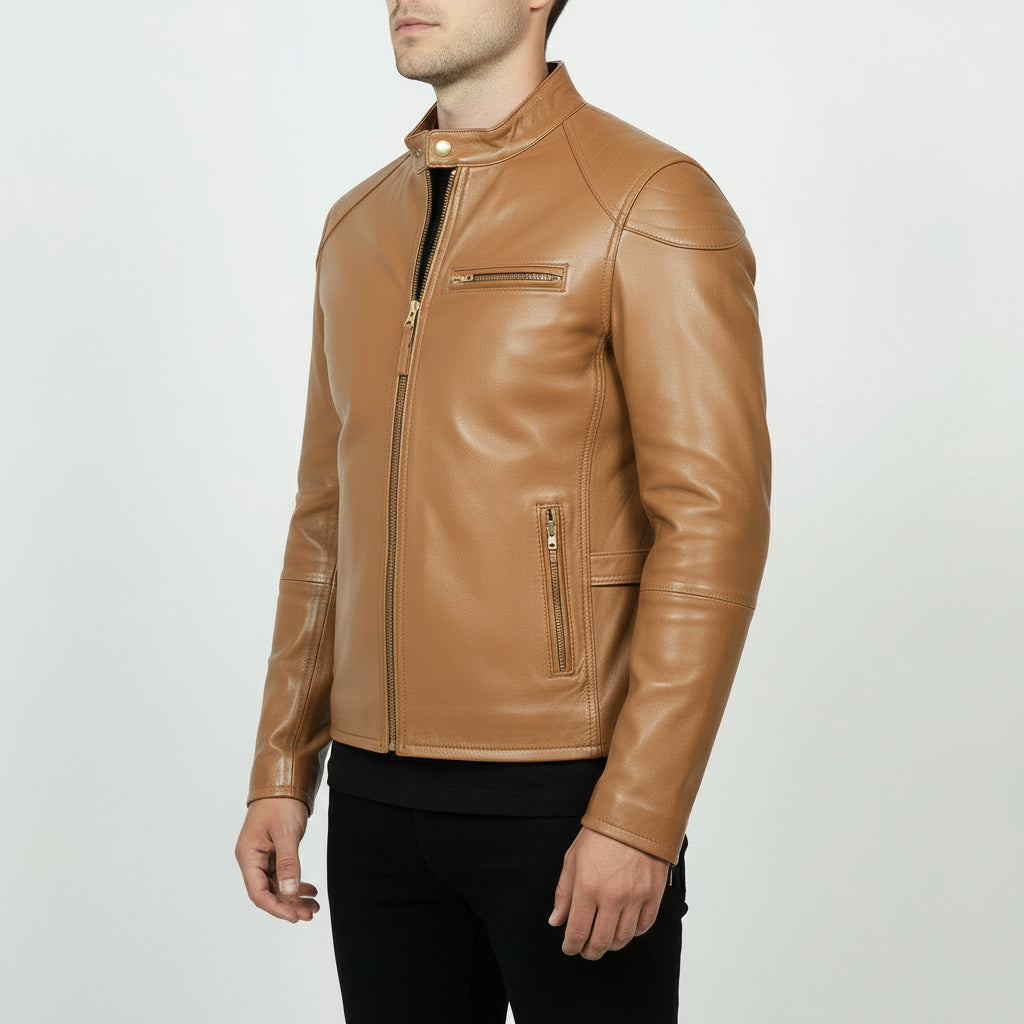 Men's Tan Slim Fit Leather Biker Jacket