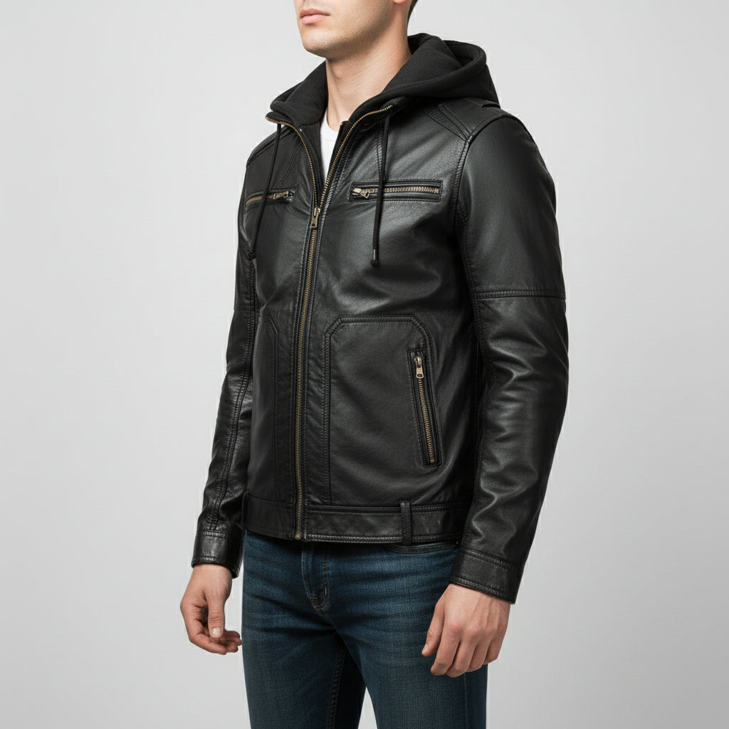 Men's Black Hooded Leather Biker Jacket