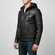 Men's Black Hooded Leather Biker Jacket