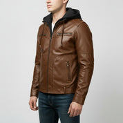 Men's Brown Hooded Leather Biker Jacket