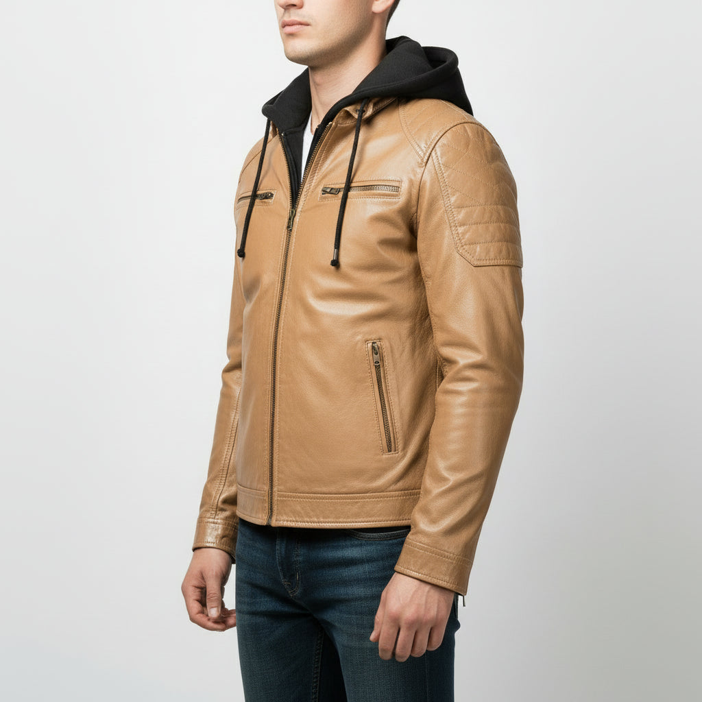 Men's Tan Hooded Leather Biker Jacket