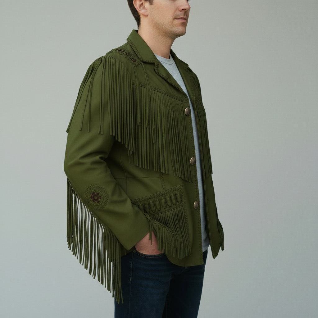 Men's Handmade Fringed Olive Green Suede Cowboy Jacket
