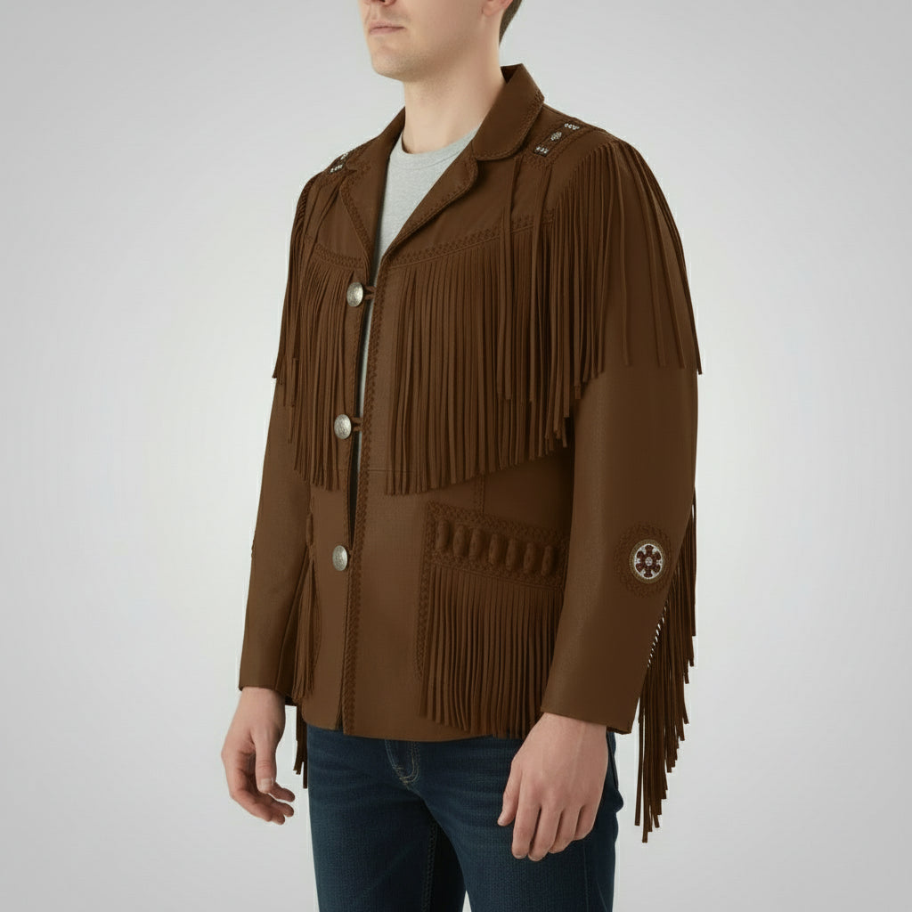 Men's Handmade Fringed Brown Suede Cowboy Jacket