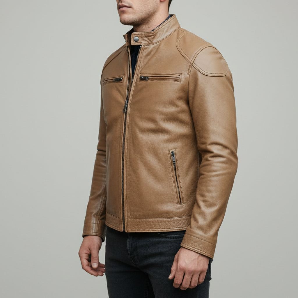 Men's Tan Slim Fit Leather Biker Jacket