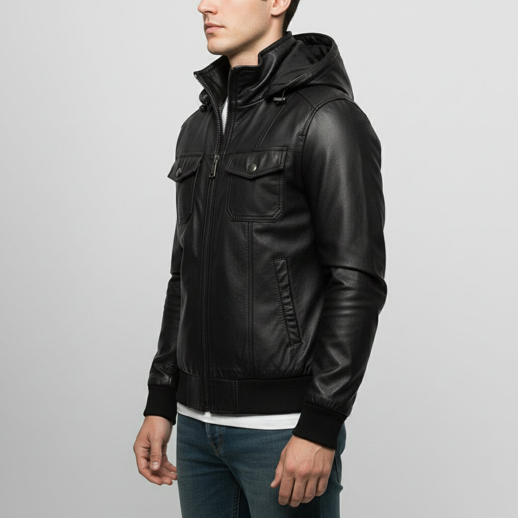 Men's Black Hooded Leather Biker Jacket