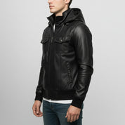 Men's Black Hooded Leather Biker Jacket