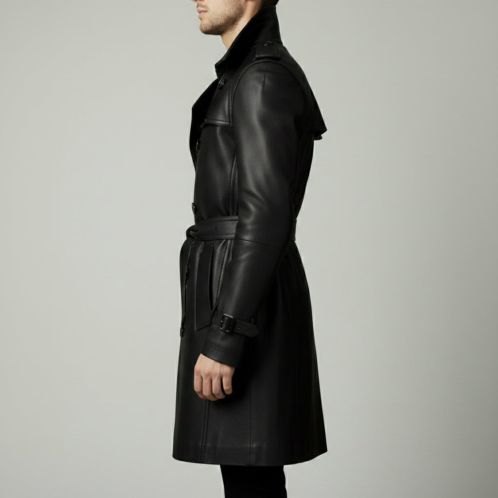 Men's Black Leather Trench Coat
