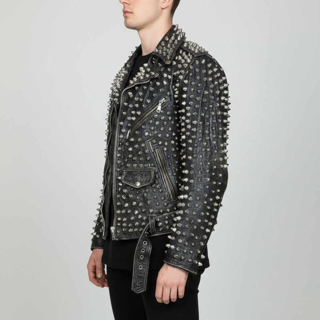 Men's Black Silver Studded Leather Biker Jacket