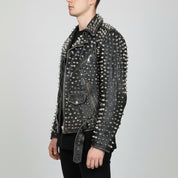 Men's Black Silver Studded Leather Biker Jacket