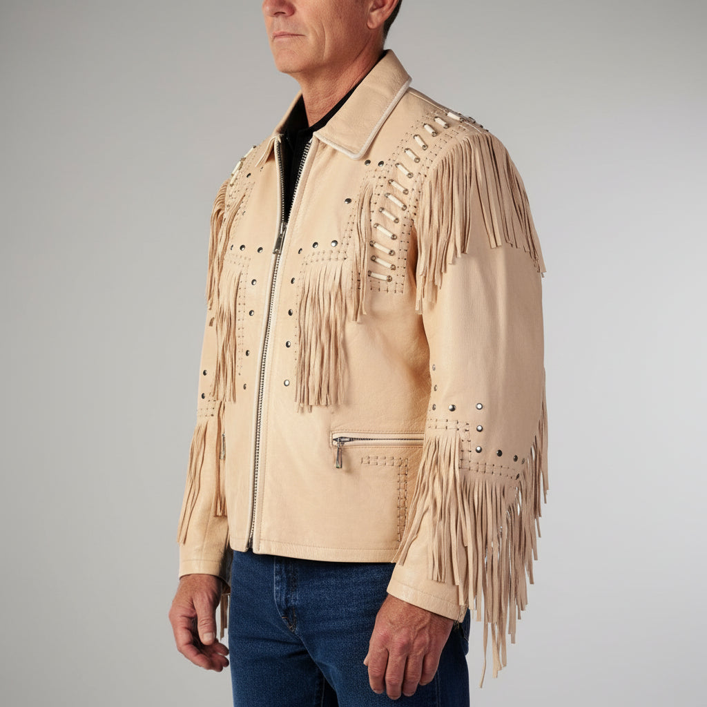 Men's Beige Fringe Leather Biker Jacket