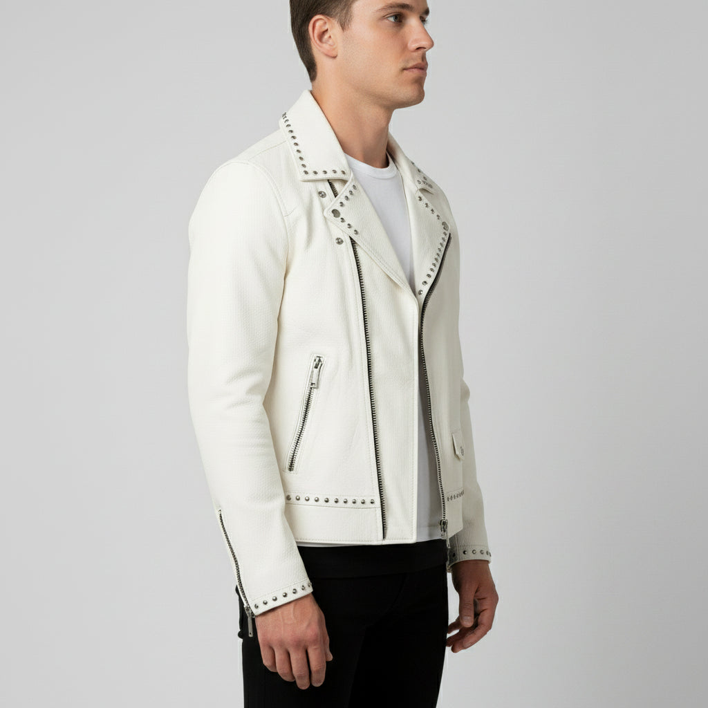 Men's Cream Studded Pebbled Leather Biker Jacket