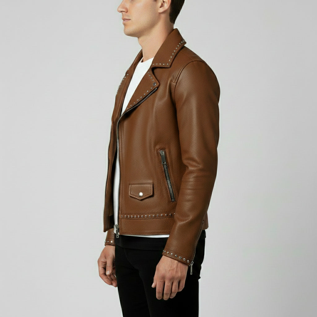 Men's Brown Studded Pebbled Leather Biker Jacket