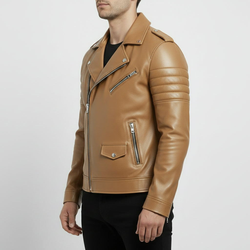 Men's Tan Leather Biker Jacket