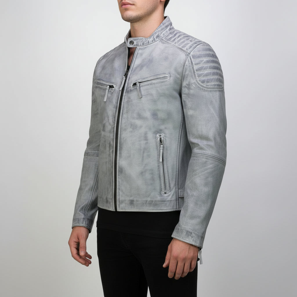 Men's Light Grey Antique Wash Leather Biker Jacket