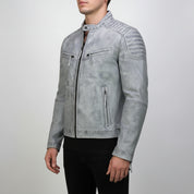 Men's Light Grey Antique Wash Leather Biker Jacket