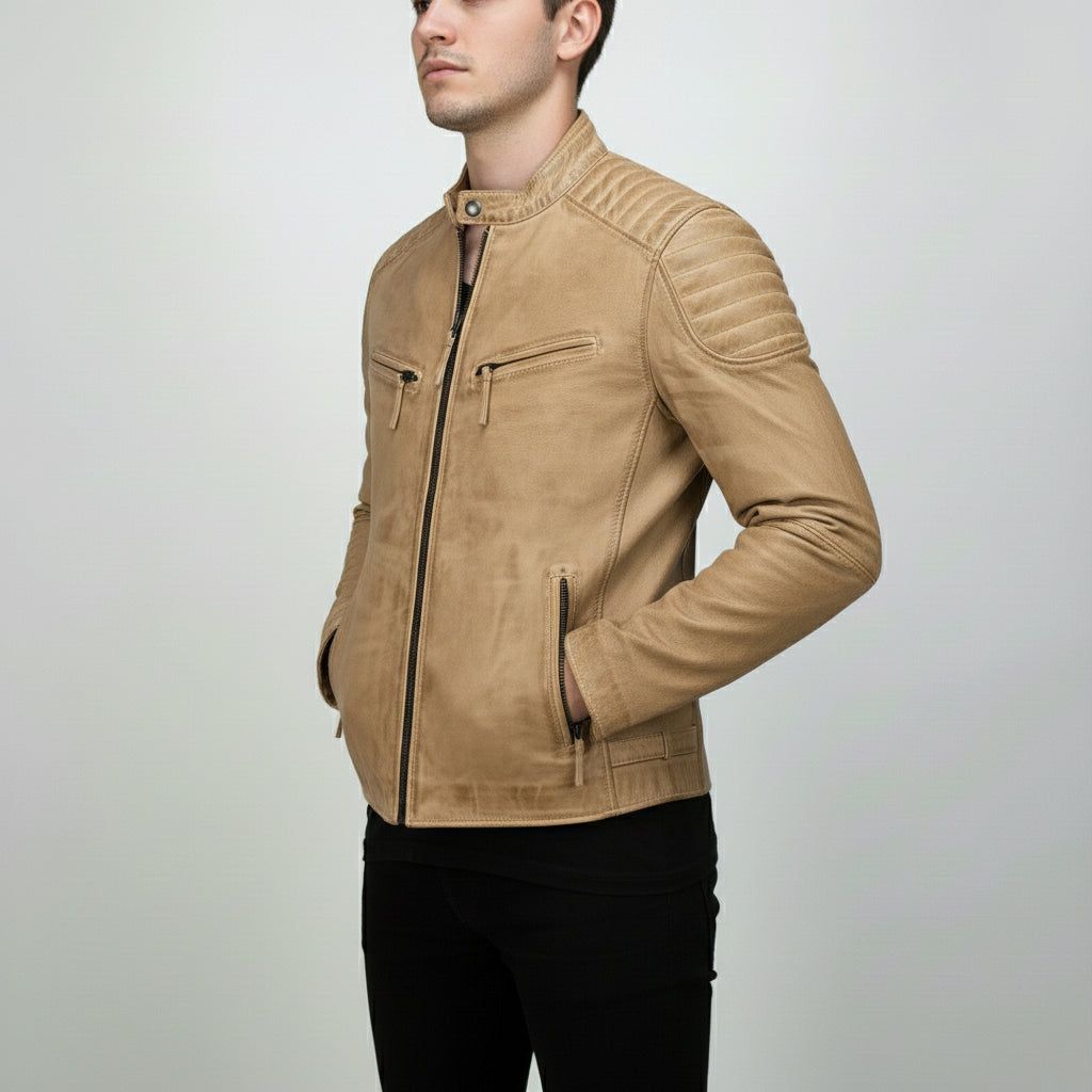 Men's Tan Antique Wash Leather Biker Jacket